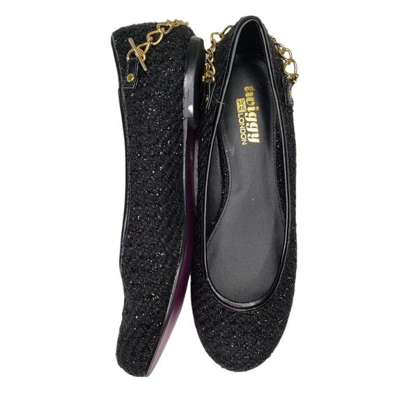 Twiggy London | Black Sparkle Tweed Round Toe Gold Slip On Flats Women's 7.5 - Picture 8 of 11